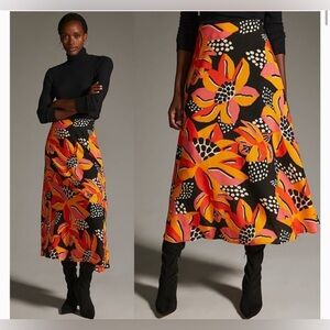 FARM Rio Black and Orange Floral Midi Skirt